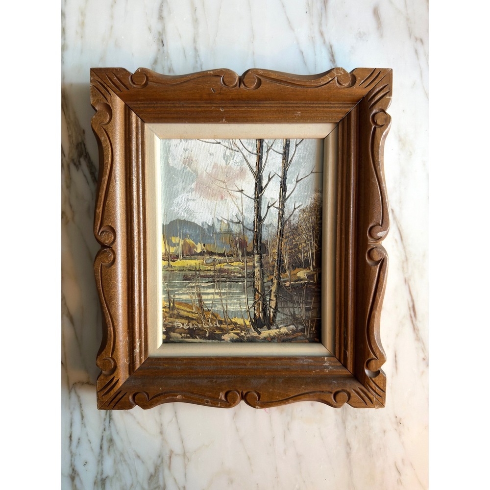 Vintage Mid Century Oil Painting Autumn Landscape Lake Trees Wood Frame 8x10